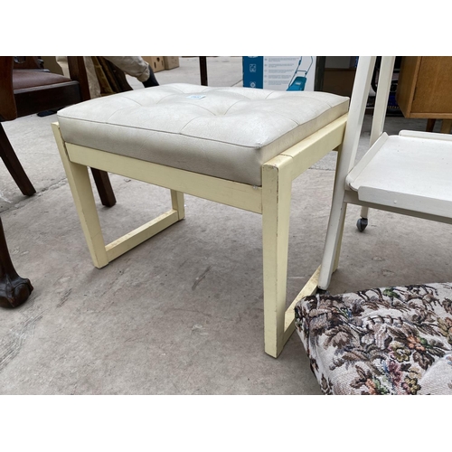 2522 - A MIRRORED BATHROOM CABINET, LOW STOOL, 1970'S PAINTED STOOL AND TWO TIER TEA TROLLEY