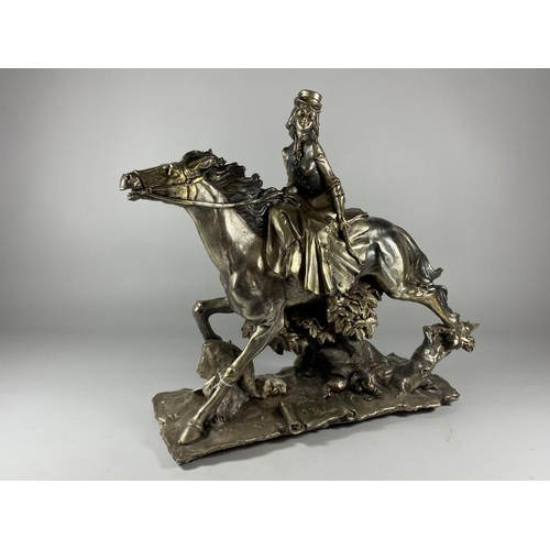 36 - A LARGE SILVER DESIGN MODEL OF A LADY ON HORSEBACK, HEIGHT 35CM, STAMPED .925 TO BASE (SEE PHOTO)