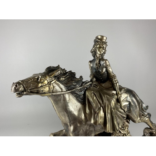 36 - A LARGE SILVER DESIGN MODEL OF A LADY ON HORSEBACK, HEIGHT 35CM, STAMPED .925 TO BASE (SEE PHOTO)