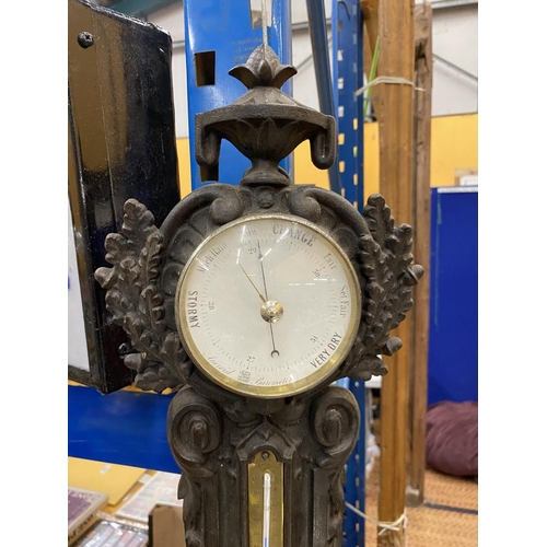 38 - A 19TH CENTURY COALBROOKDALE STYLE CAST METAL WALL CLOCK / BAROMETER, HEIGHT 64CM