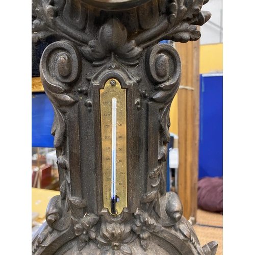 38 - A 19TH CENTURY COALBROOKDALE STYLE CAST METAL WALL CLOCK / BAROMETER, HEIGHT 64CM