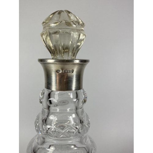 4 - A HALLMARKED SILVER COLLARED & CUT GLASS DECANTER, LONDON, 1960, MAKERS SEARLE & CO LTD WITH FURTHER... 