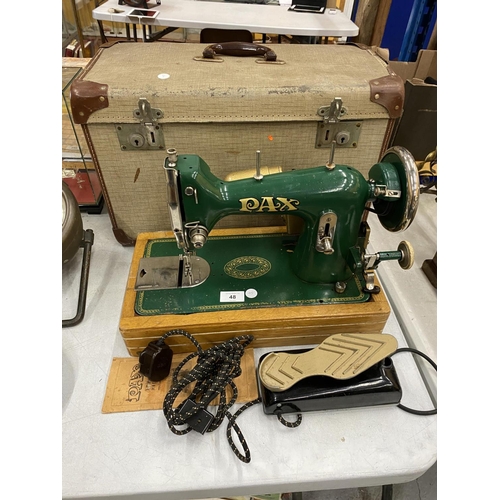 48 - A RARE VINTAGE GREEN PAX SEWING MACHINE WITH HILLMAN MOTOR, IN ORIGINAL CASE, PEDAL AND BOOKLET