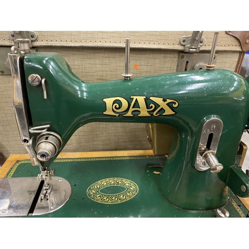 48 - A RARE VINTAGE GREEN PAX SEWING MACHINE WITH HILLMAN MOTOR, IN ORIGINAL CASE, PEDAL AND BOOKLET