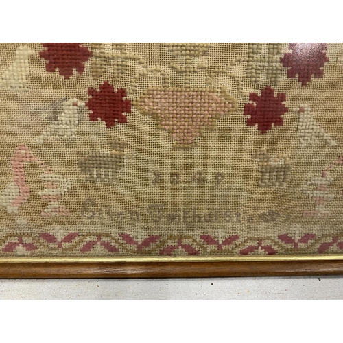 62 - A VICTORIAN NEEDLEWORK SAMPLER, C.1840, ELLEN FAIRHURST, 43 X 43CM