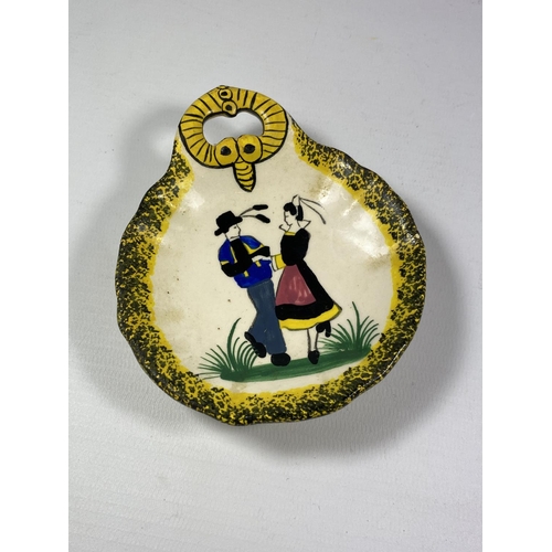 753 - A VINTAGE QUIMPER FRENCH POTTERY PIN DISH WITH DANCING FIGURES DESIGN