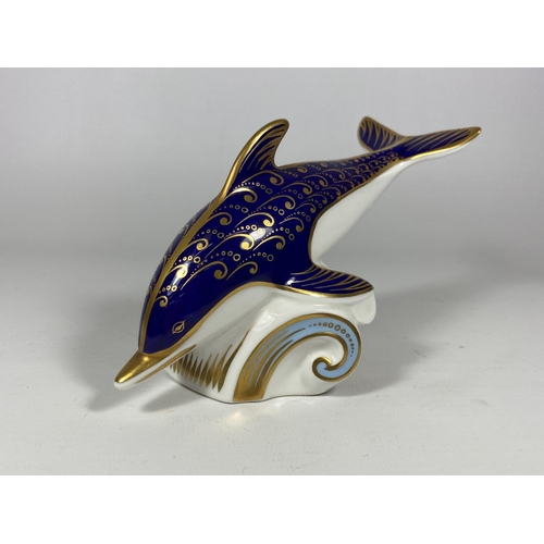 758 - A ROYAL CROWN DERBY DOLPHIN PAPERWEIGHT, SILVER STOPPER