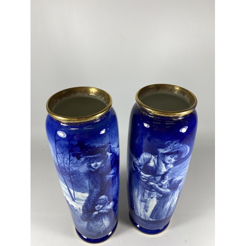 821 - A PAIR OF VINTAGE ROYAL DOULTON BLUE CHILDREN VASES, HEIGHT 29CM