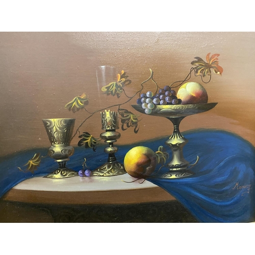 93 - A GILT FRAMED DUTCH STYLE STILL LIFE OIL PAINTING, SIGNED TO LOWER RIGHT CORNER, 57 X 46CM