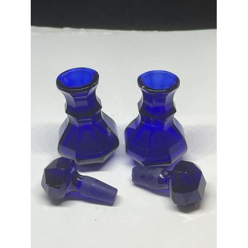 703 - A PAIR OF VINTAGE BRISTOL BLUE SCENT BOTTLES