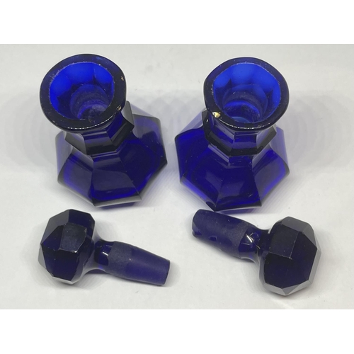 703 - A PAIR OF VINTAGE BRISTOL BLUE SCENT BOTTLES