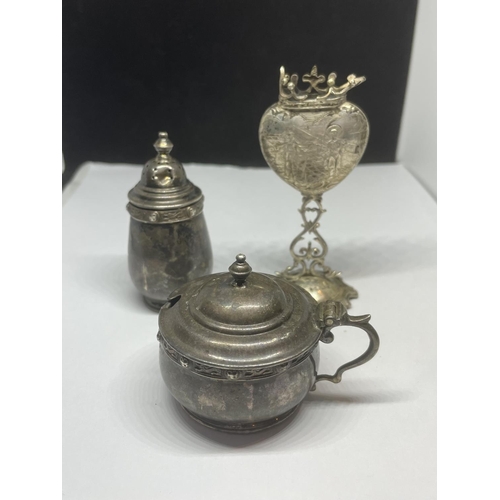 706 - THREE ITEMS - A MATCHING HALLMARKED SILVER MUSTARD POT AND PEPPERETTE & .800 GRADE SILVER MATCH HOLD... 