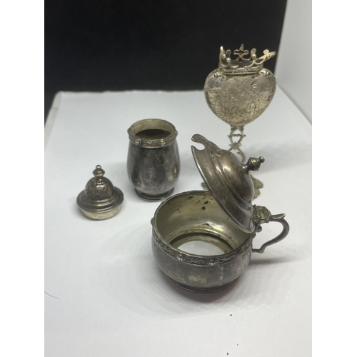 706 - THREE ITEMS - A MATCHING HALLMARKED SILVER MUSTARD POT AND PEPPERETTE & .800 GRADE SILVER MATCH HOLD... 