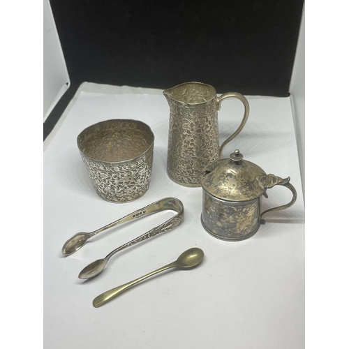 711 - A MIXED LOT OF ITEMS TO INCLUDE SILVER MUSTARD POT, WHITE METAL CONTINENTAL JUG & SUGAR BOWL, SILVER... 