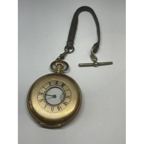 717 - A WALTHAM U.S.A GOLD PLATED HALF HUNTER POCKET WATCH WITH DENISON STAR CASE, BOXED