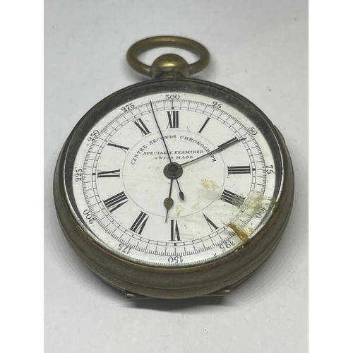 719 - A VINTAGE BRASS CASED CENTRE SECONDS CHRONOGRAPH POCKET WATCH