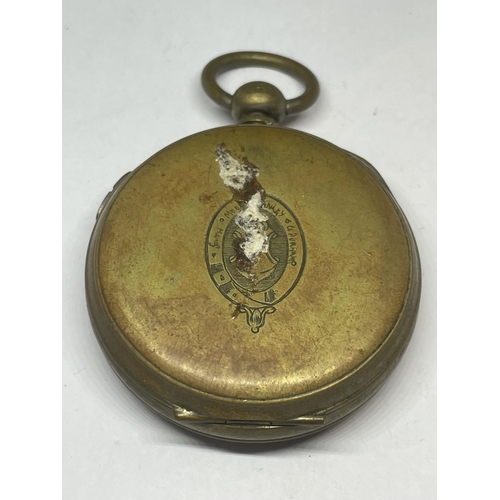 719 - A VINTAGE BRASS CASED CENTRE SECONDS CHRONOGRAPH POCKET WATCH