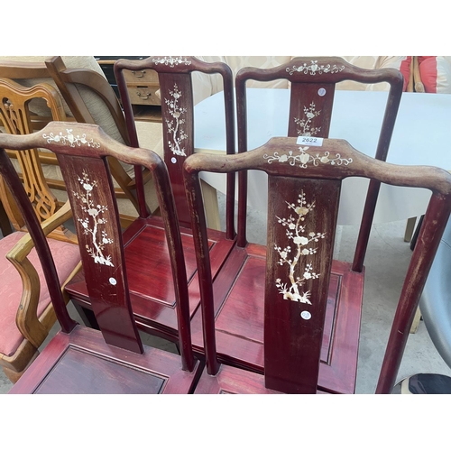 2622 - A SET OF FOUR ORIENTAL HARDWOOD DINING CHAIRS INLAID WITH MOTHER OF PEARL