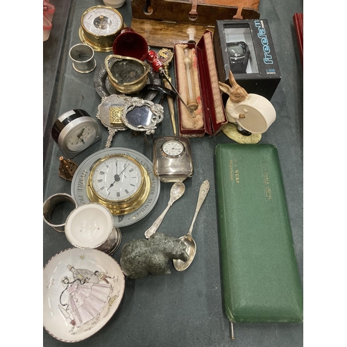 272 - A MIXED LOT TO INCLUDE CLOCKS, BAROMETERS, BUNNYKINS, CERAMICS, LETTER OPENERS, ETC.,