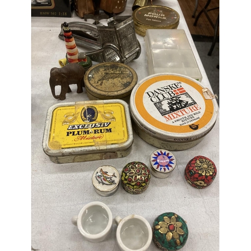 277 - A MIXED LOT TO INCLUDE VINTAGE TINS, JEWELLED TRINKET POTS, WINDCHIME, WOODEN ELEPHANT, ETC.,