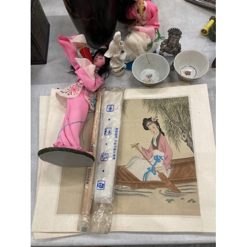 278 - VARIOUS ORIENTAL THEMED ITEMS TO INCLUDE A VASE, DOLLS, FAN, PARCHMENTS ETC