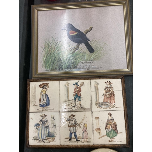 294 - A FRAMED TILE OF A REDWING BLACKBIRD AND SIX FURTHER TILES IN A FRAME