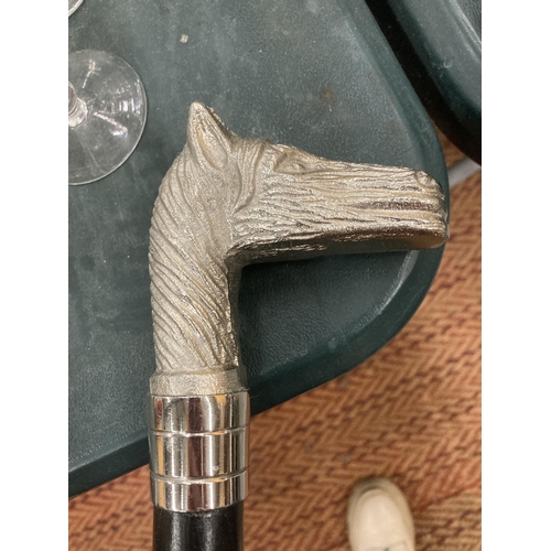 296 - A WALKING STICK WITH A CHROME HORSES HEAD HANDLE