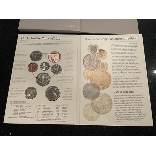 396 - UK , ROYAL MINT , 2016 “DEFINITIVE COIN SET” , “TREASURE FOR LIFE” , EIGHT COINS . PRISTINE CONDITIO... 