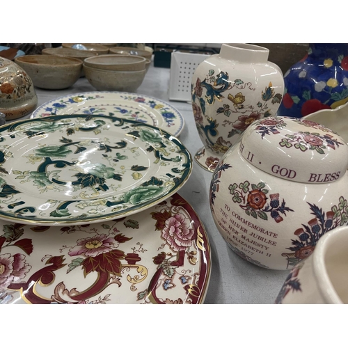 852 - A QUANTITY OF MASON'S IRONSTONE TO INCLUDE RED MANDALAY, CHARTREUSE, REGENCY PLATES, GINGER JAR, TAN... 