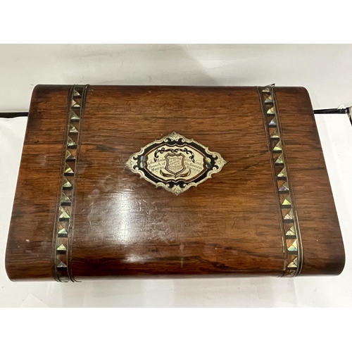 864 - A WALNUT DOMED BOX WITH MOTHER OF PEARL INLAY AND PRESENTATION PLAQUE