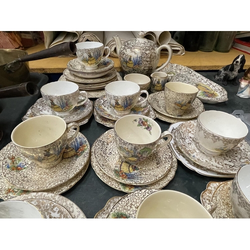 870 - A LARGE QUANTITY OF CRINOLINE LADY TEAWARE TO INCLUDE A SADLER TEAPOT,MILK AND SUGAR BOWL, SANDWICH ... 