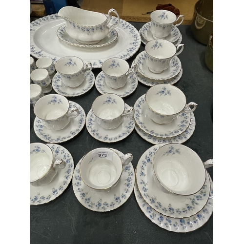 873 - A LARGE ROYAL ALBERT MEMORY LANE DINNER SERVICE TO INCLUDE A COFFEE SET, DINNER PLATES, SAUCE BOAT, ... 