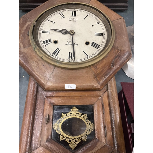 880 - A VINTAGE SMITH'S ENFIELD MAHOGANY CASED WALL CLOCK IN NEED OF RESTORATION PLUS A NAPOLEON'S  HAT MA... 