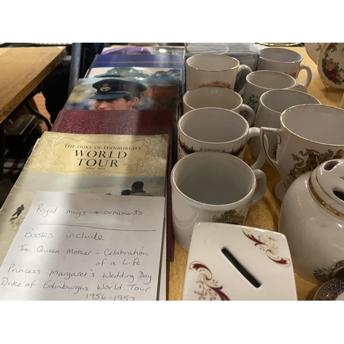 920 - A COLLECTION OF ROYAL COMMEMORATIVE MUGS, TRINKET PLATES, PLUS A QUANTITY OF ROYALTY RELATED BOOKS