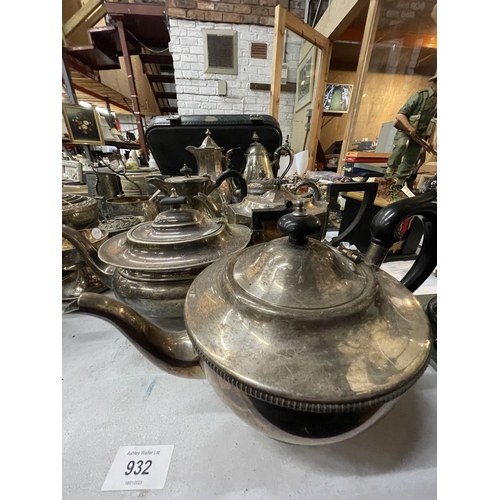 932 - A LARGE QUANTITY OF SILVER PLATED TEAPOTS AND COFFEE POTS