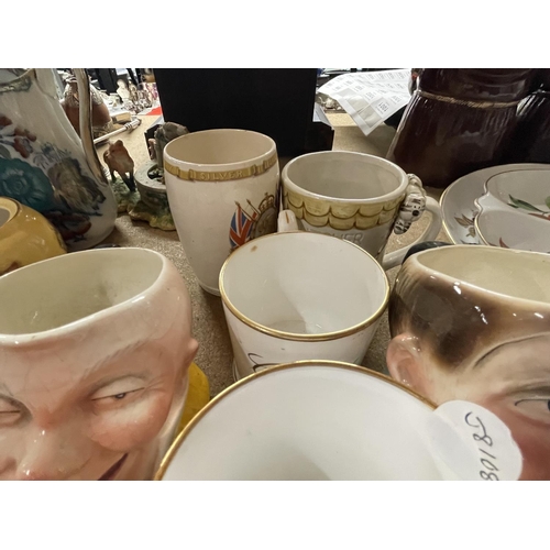 955 - A QUANTITY OF CERAMIC ITEMS TO INCLUDE AVON WARE TOBY JUGS, ROYAL COMMEMORATIVE CUPS AND MUGS, ETC