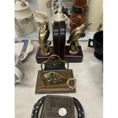 974 - TWO CAST DISHES, WOOD AND BRASS BIRD BOOKENDS, VINTAGE LETTER RACK, TIN, ETC