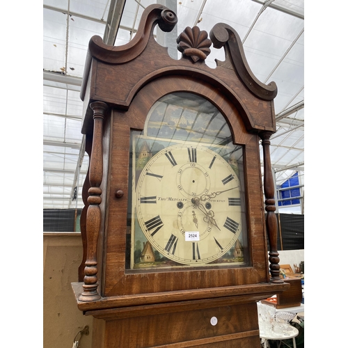 2524 - A VICTORIAN MAHOGANY EIGHT-DAY LONGCASE CLOCK WITH PAINTED ENAMEL DIAL, BY THOS. METCALFE, STOCKTON