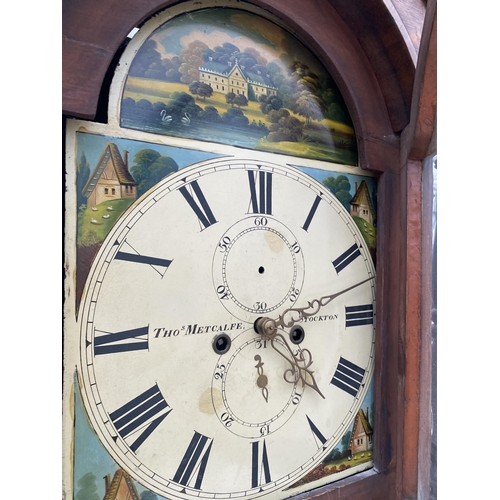 2524 - A VICTORIAN MAHOGANY EIGHT-DAY LONGCASE CLOCK WITH PAINTED ENAMEL DIAL, BY THOS. METCALFE, STOCKTON