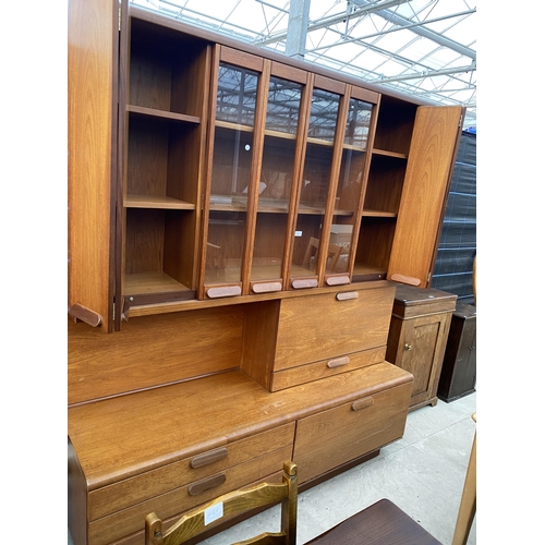 2564 - A RETRO TEAK COCKTAIL SIDEBOARD WITH FOUR BI-FOLD DOORS, TWO BEING GLAZED, DROP-DOWN COCKTAIL SECTIO... 