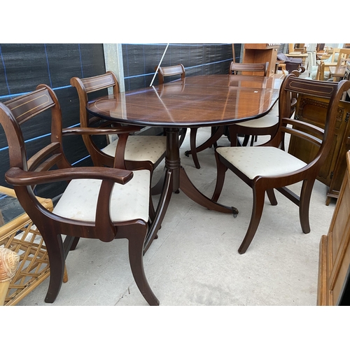 2566 - A REGENCY STYLE MAHOGANY TWIN-PEDESTAL EXTENDING DINING TABLE, 63X39