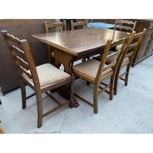 2584 - A REPRODUCTION OAK DRAW-LEAF DINING TABLE AND SIX LADDERBACK DINING CHAIRS