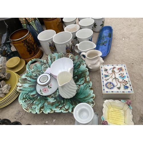 1503 - AN ASSORTMENT OF CERAMICS AND GLASS WARE TO INCLUDE TANKARDS, CUPS AND PLATES ETC