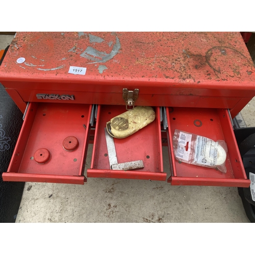 1517 - A STACKON METAL TOOL CHEST, A PLASTIC HARDWARE CHEST WITH HARDWARE AND A PART ROLL OF FELT