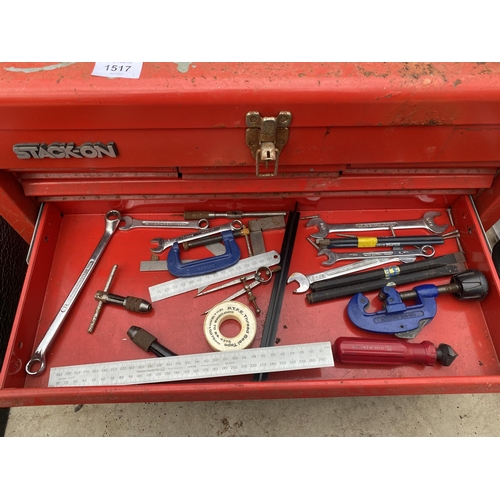 1517 - A STACKON METAL TOOL CHEST, A PLASTIC HARDWARE CHEST WITH HARDWARE AND A PART ROLL OF FELT