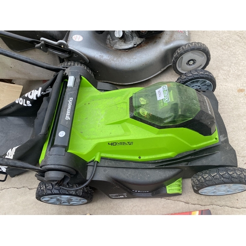 1520 - A GREEN WORKS BATTERY POWERED LAWN MOWER WITH GRASS BOX (NO CHARGER)