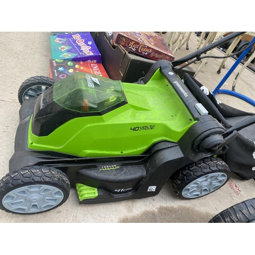 1520 - A GREEN WORKS BATTERY POWERED LAWN MOWER WITH GRASS BOX (NO CHARGER)