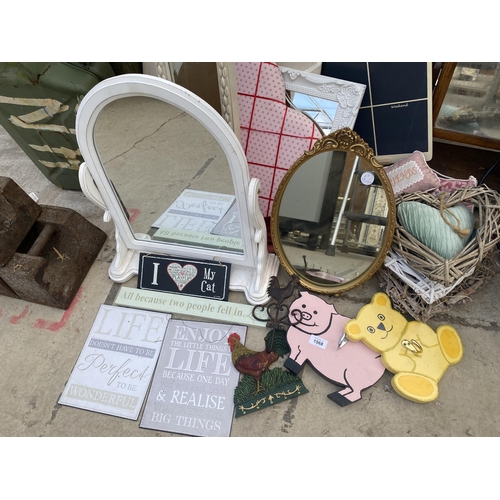 1568 - AN ASSORTMENT OF ITEMS TO INCLUDE MIRRORS, COAT HOOKS AND SIGNS ETC