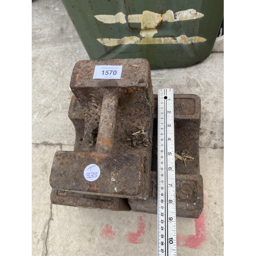 1570 - TWO VINTAGE CAST IRON 56LB WEIGHTS AND A FURTHER 28LB WEIGHT