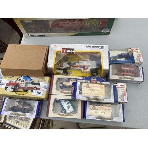 1588 - AN ASSORTMENT OF BOXED DIECAST VEHICLES TO INCLUDE LORRIES, CORGI AND BURAGO ETC